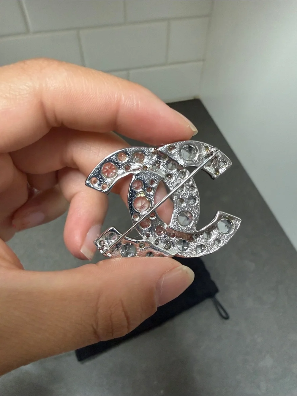 CHANEL CC Silver Logo Brooch Pin Vintage with Crystals 2005